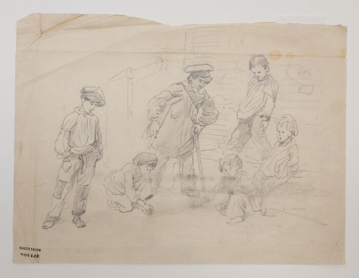 [Groupe de jeunes garçons jouant aux billes]