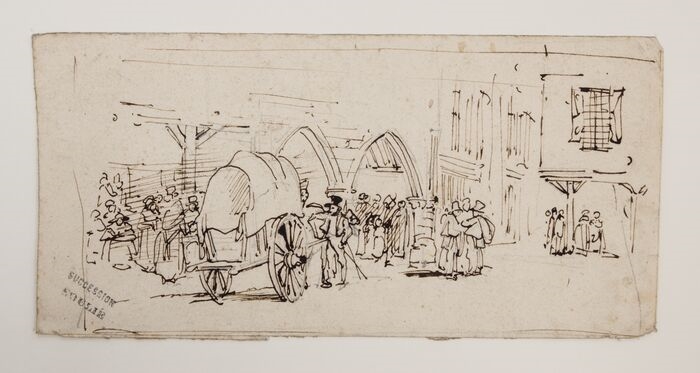 [Scène de marché sous des couverts]