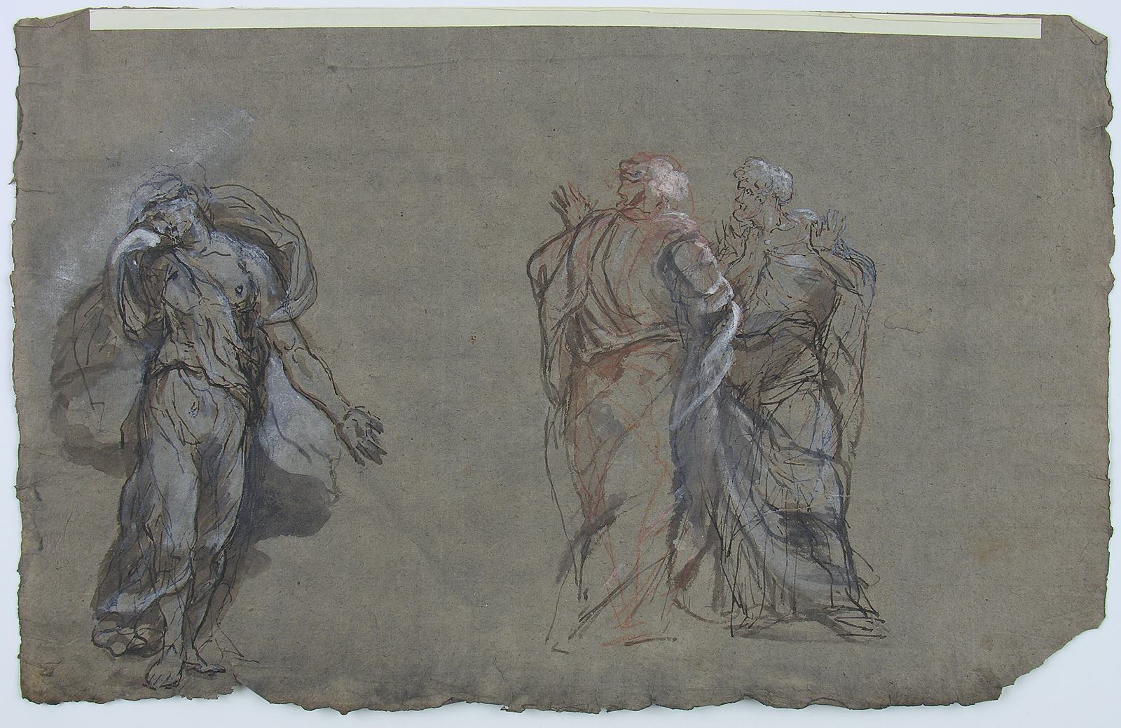 [Deux personnages masculins observant une femme se lamentant] ; [Femme drapée, de dos]