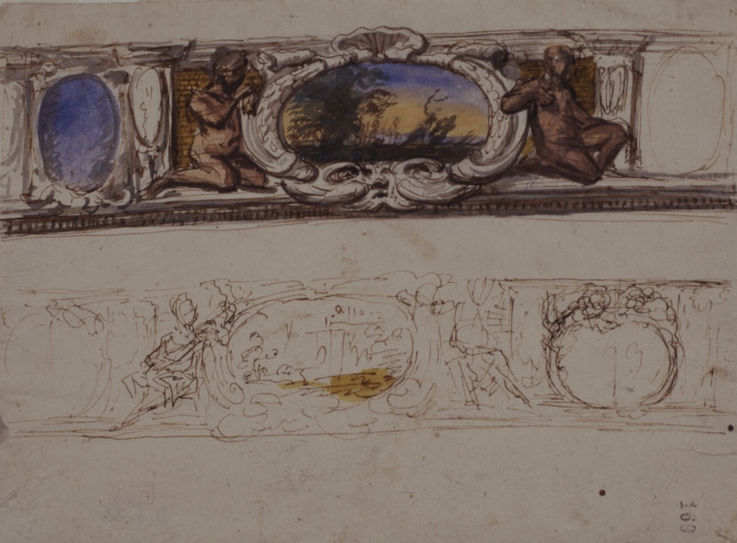 [Deux études pour un décor de frise. Paysages dans des cartouches soutenus par des personnages nus féminins]