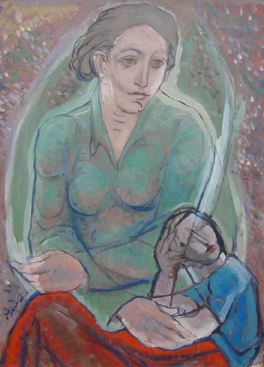 Femme en vert à l'enfant