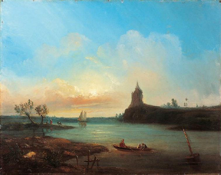 Vue d'un estuaire avec des pêcheurs et un château imaginaire