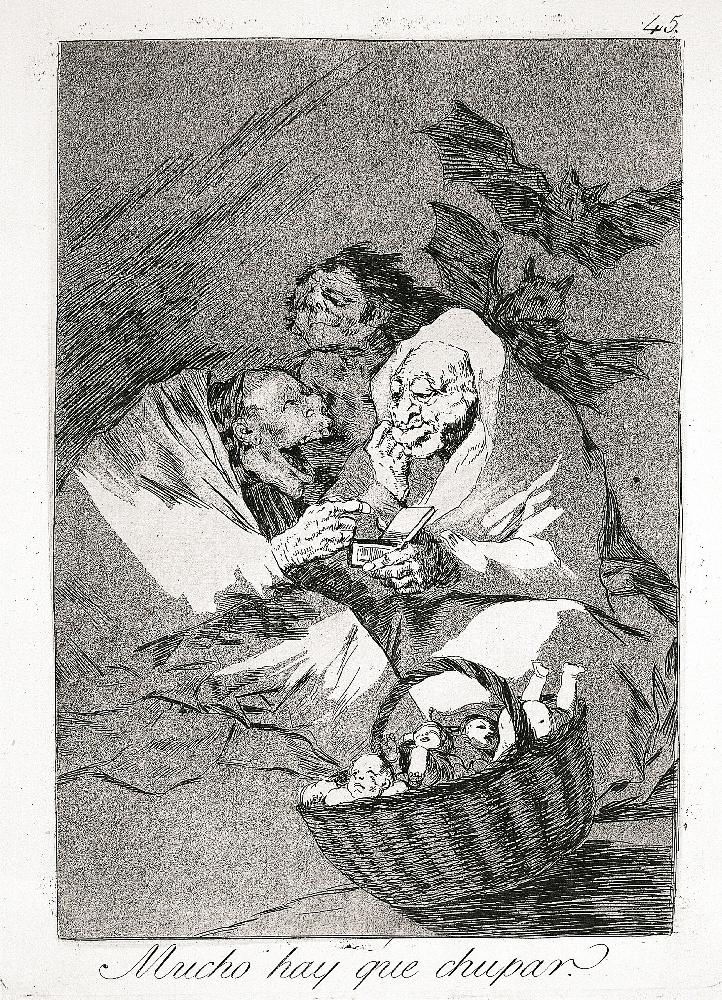 Les Caprices (Planche 45) : Il y a beaucoup à sucer ; Mucho hay que chupar