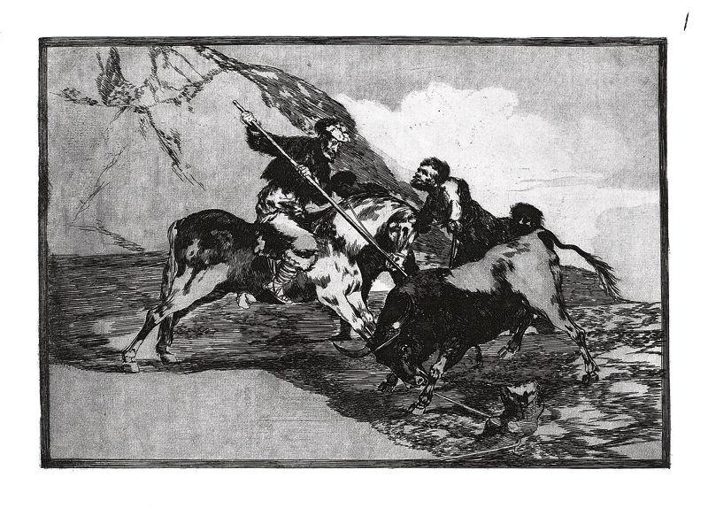 La tauromachie (Planche 01) : Manière selon laquelle les anciens Espagnols chassaient les taureaux dans les champs ; Modo con que los antiguos españoles cazaban los toros á caballo en el campo