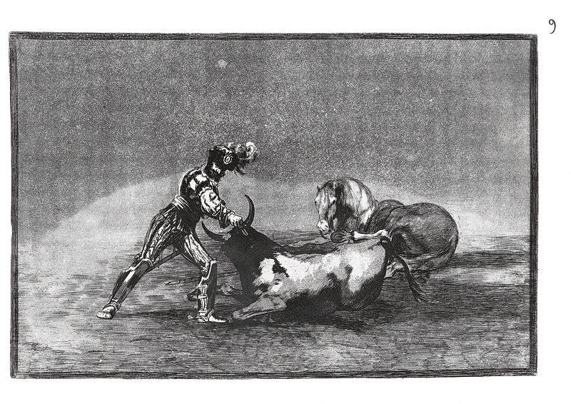 La tauromachie (Planche 09) : Un Gentilhomme espagnol tue un taureau après avoir perdu son cheval ; Un Caballero español mata un toro despues de haber perdido el caballo