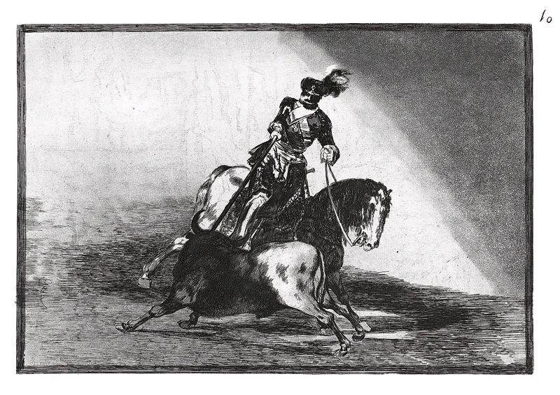 La tauromachie (Planche 10) : Charles V affrontant un taureau à la pique dans l'arènes de Valladolid ; Carlos V lanceando un toro en la plaza de Valladolid
