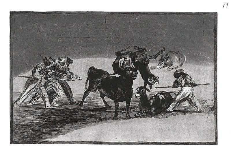 La tauromachie (Planche 17) : Les Maures se protègent du taureau aux cornes emboulées par un rempart d'ânes ; Palenque de los moros hecho con burros para defenderse del toro embolado