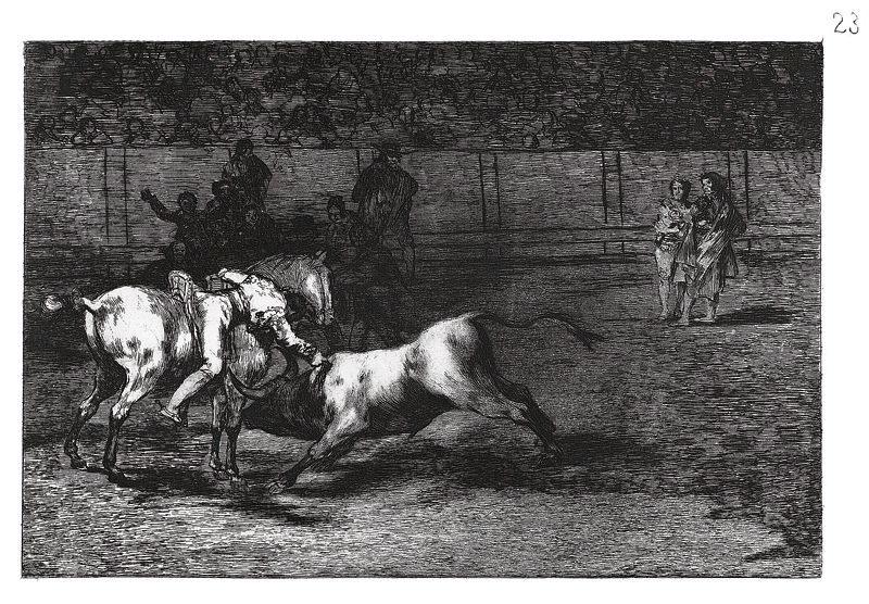 La tauromachie (Planche 23) : Mariano Ceballos, alias 'El Indio', tue le taureau depuis son cheval ; Mariano Ceballos, alias 'El Indio', mata el toro desde su caballo