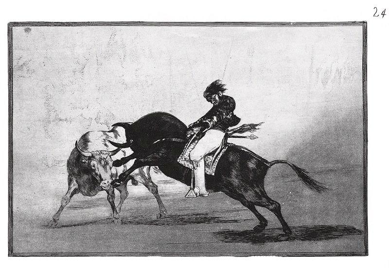 La tauromachie (Planche 24) : Dans l'arènes de Madrid, le même Ceballos juché sur un autre taureau, porte des coups de lance ; El mismo Ceballos montado sobre otro toro quiebra rejones en la plaza de Madrid
