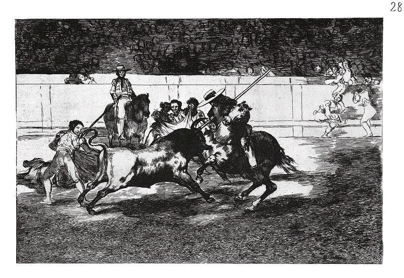 La tauromachie (Planche 28) : Le Courageux Rendon piquant un taureau, action durant laquelle il mourut dans l'arènes de Madrid. ; El Esforzado Rendon picando un toro, de cuya suerte murió en la plaza de Madrid