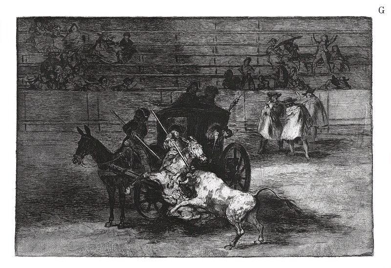 La tauromachie (Planche additionnelle G) : Combat dans une voiture ornée, tirée par deux mules ; Combate en un coche enjaezado con dos mulos