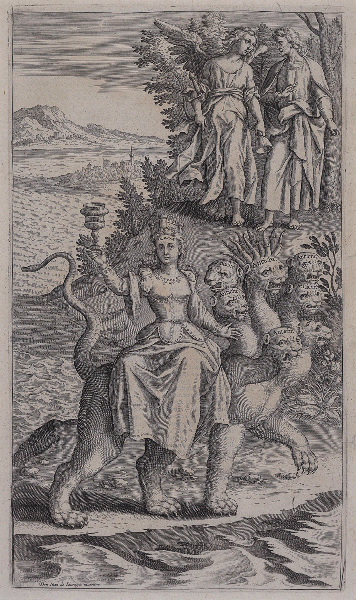 Alcazar in Apocalyptus ; La Grande prostituée (gravure illustrant le livre publié en 1619 par le Jésuite Louis Alcazar sur l'Apocalypse selon St jean)