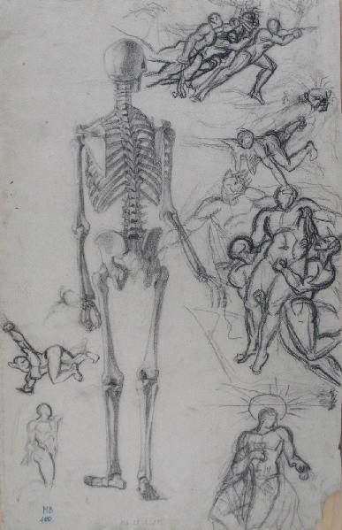Squelette de dos (verso avec croquis de personnages)