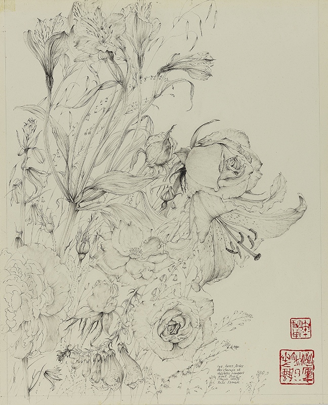 Lys, roses, herbes des champs et digitales pourpres