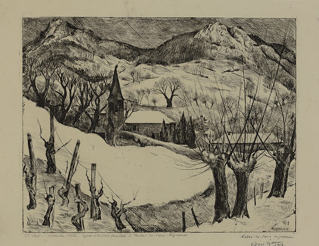 Eglise à la croix penchée sous la neige, Rabat-les-Trois-Seigneurs