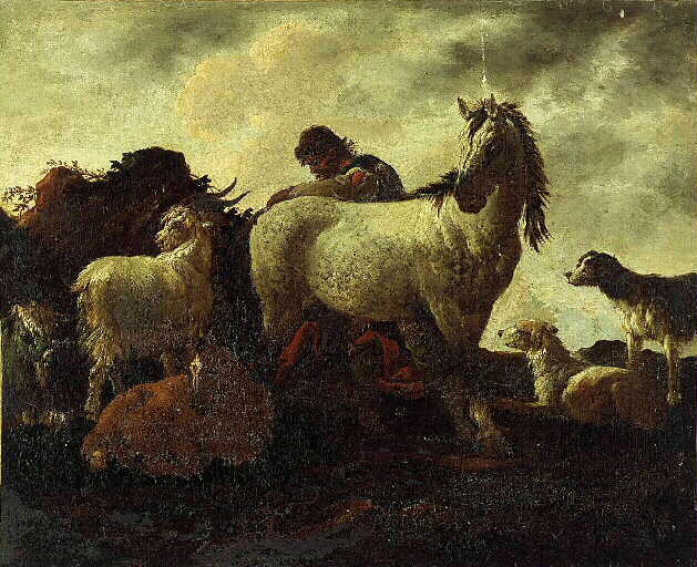 Un cheval, des chèvres et des chiens