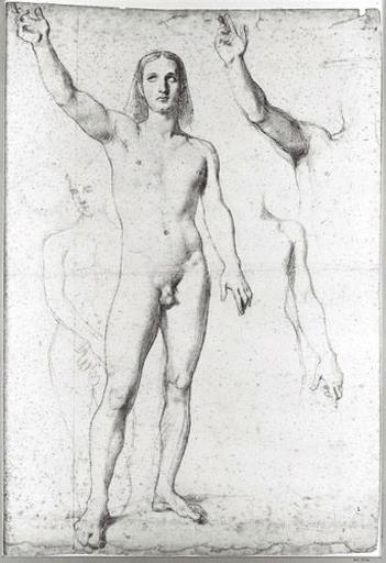 Jésus (nu, avec reprise des deux bras) et personnage nu (les mains croisées)