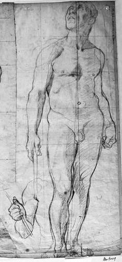 Homme nu (droit, tenant un bâton dans la main droite, la tête levée) et bras plié (tenant un bâton). Verso : Homme nu (reprise, par transparence, du personnage du recto) et homme repoussant la foule (deux études pour sa jambe droite)