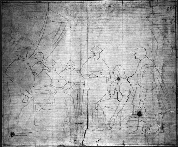 Raphaël présenté au pape (Silhouettes : Raphaël, un genou en terre, devant le pape assis sur un trône)