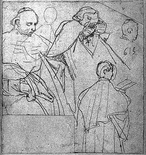 Deux Cardinaux (l'un tient un livre très près de ses yeux) et un Caudataire lisant (avec reprise de sa tête). Verso : Marches du trône (ou de l'autel)