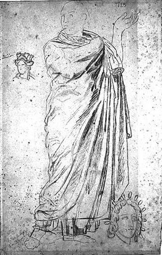 Ville de Rhodes (surtout études de draperie), tête couronnée de tours et tête d'Apollon radiée