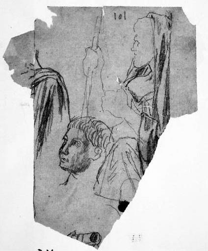 Pausanias (son visage drapé et ses deux bras), Pline (sa tête) et personnage inconnu (son épaule)