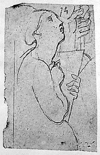 Sapho (Nue, portant des papiers, la tête en l'air)