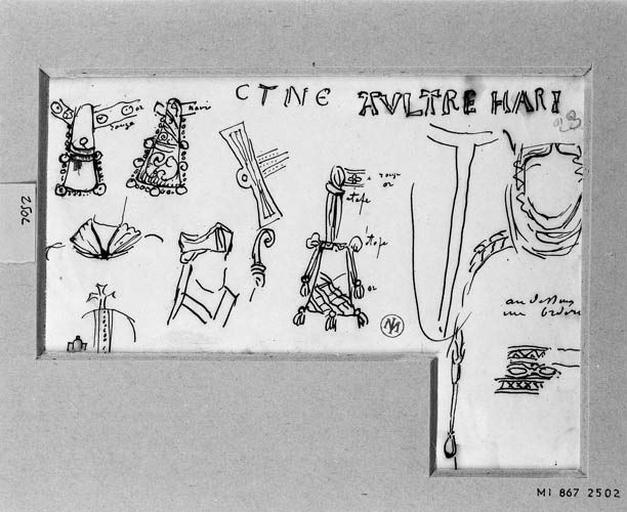 Accessoires de costumes (Dont aumônières pour sainte Adélaïde, crosse et coiffure de saint Robert et coiffure de sainte Clotilde)