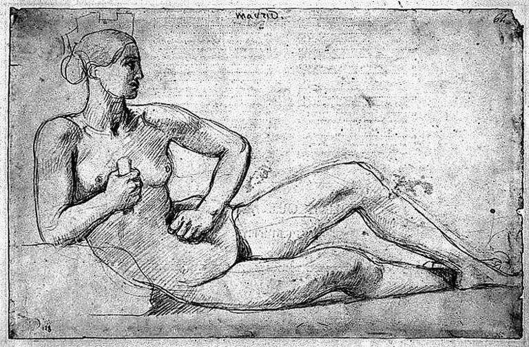 Ville de Madrid (Nue, à moitié allongée vers la droite, une main sur le ventre et l'autre tenant un objet - bâton ou rouleau de papier ?)