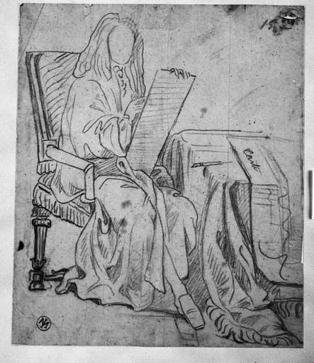 Molière (Assis devant une table, écrivant sur un carton dressé sur ses genoux)