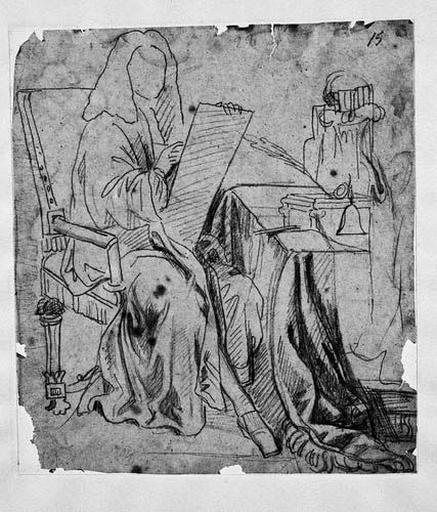 Molière (Assis devant une table, écrivant sur un carton dressé sur ses genoux)