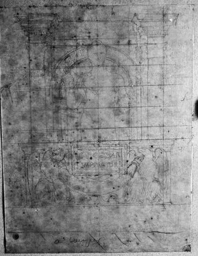 Ensemble de la composition (César nu, à mi-corps de face, devant une architecture et au-dessus de deux aigles tenant une guirlande autour d'un cartel)