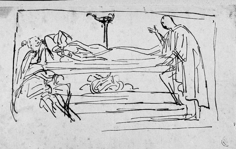 Un homme au pied du tombeau d'une femme (Au fond, une lampe à huile sur son support)