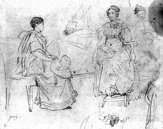 Deux Femmes assises (avec reprise d'un bras, d'une épaule et d'une hanche et une autre derrière un fauteuil. Verso : vagues traits de crayon)