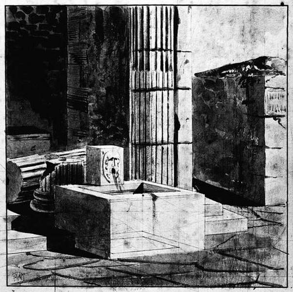 Une fontaine au pied d'une colonne romaine