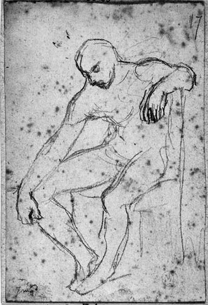 Homme nu assis sur une chaise ; Le verso est couvert de crayon noir en vue d'un report