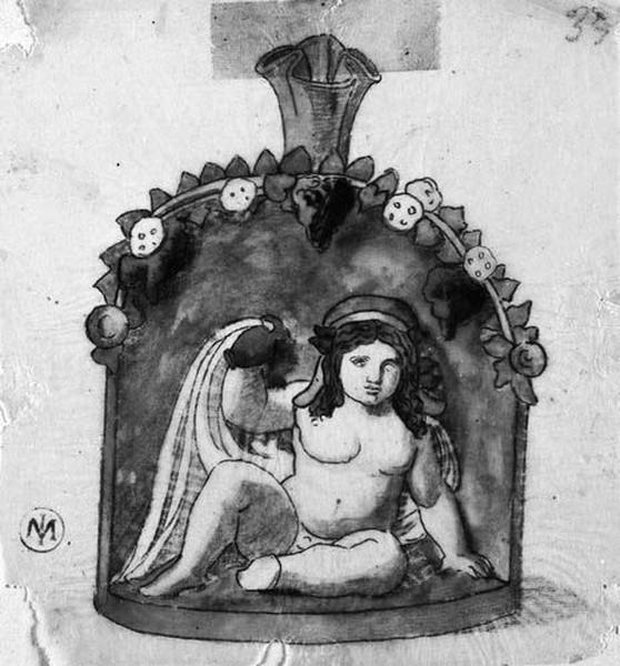 Bacchus enfant assis tenant un petit vase (Poterie antique, en relief, peinte de diverses couleurs)