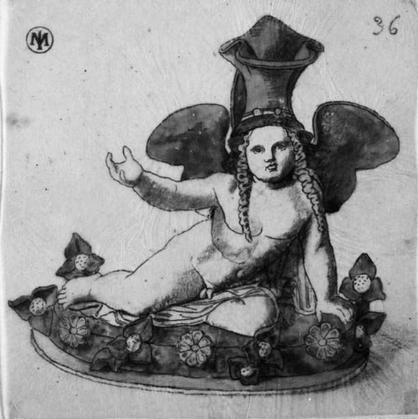 Enfant ailé allongé et entouré de fleurs (Flacon en terre cuite antique)