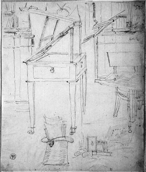 Deux pupitres, une bibliothèque, un chapeau rempli de papiers, des livres, un fauteuil