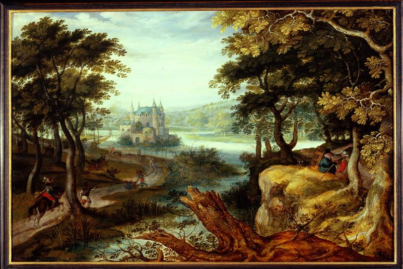 Paysage avec un château animé de personnages