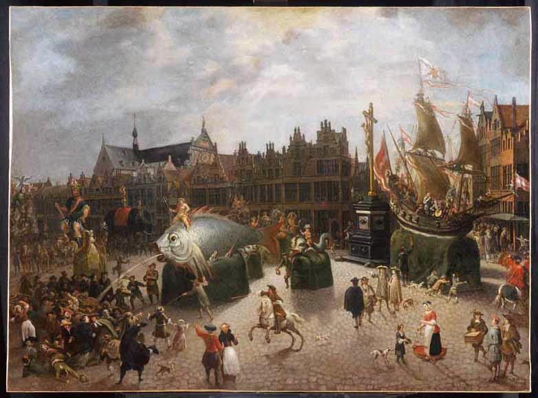 Procession de chars sur la Place du Meir à Anvers