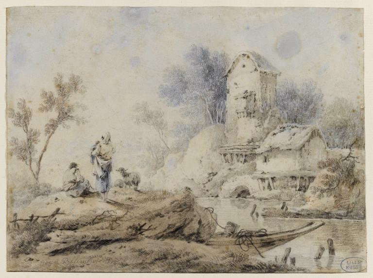 Paysage avec figures et barque sur une rivière