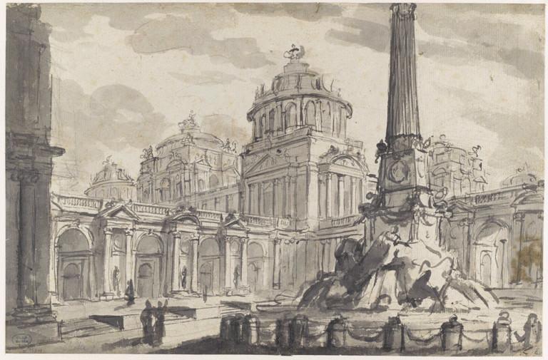 Place avec édifices à coupoles et fontaine ; Une place publique