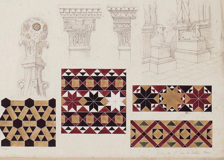 Etudes de chapiteaux et clochetons et fragment de mosaïque pris au cloître Saint Jean à Rome