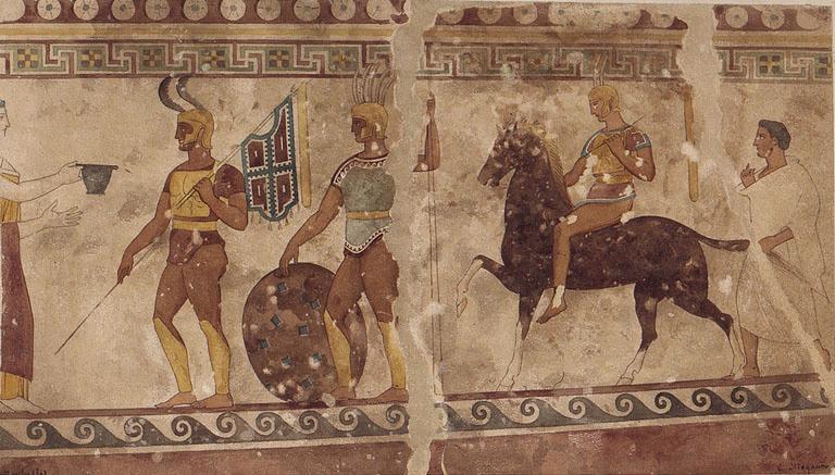 Guerriers et un cavalier de profil à gauche, d'après une fresque (musée de Naples)