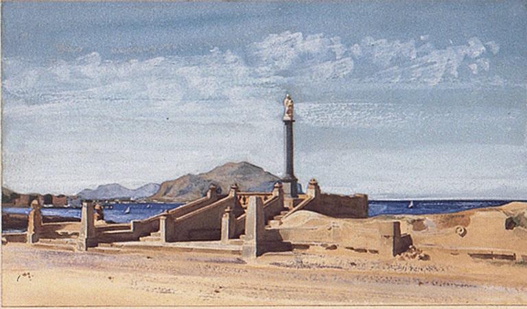 Monument avec Vierge à l'Enfant élevé en bord de mer ; Aquarelle, calvaire élevé au bord de la mer (Italie)