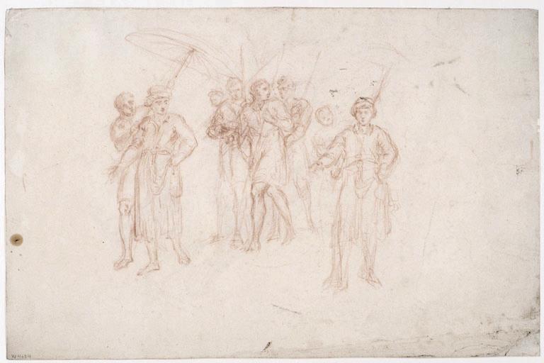 Groupe d'hommes à l'orientale, tenant des parasols (recto) ; Figure drapée assise (verso)