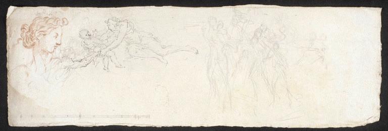 Tête de femme de profil à droite (sanguine), deux femmes disputant un enfant (pierre noire et plume à l'encre grise), esquisse : groupe de figures (pierre noire), échelle de mesures (recto) ; Esquisses de figures, (pierre noire), cheval (verso)