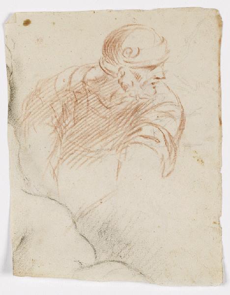 Buste de soldat casqué, la tête de profil à droite traits à la pierre noire (recto) ; Buste d'homme de profil à gauche (sanguine) et (dans l'autre sens) esquisses de figures à la pierre noire (verso)