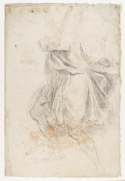 Figure drapée tournée vers la gauche (pierre noire). Dans le sens de la largeur, à gauche: (petit croquis à la sanguine) : une figure debout, dressée et une autre accrochée à sa taille (recto) ; Audience d'évêque (verso)